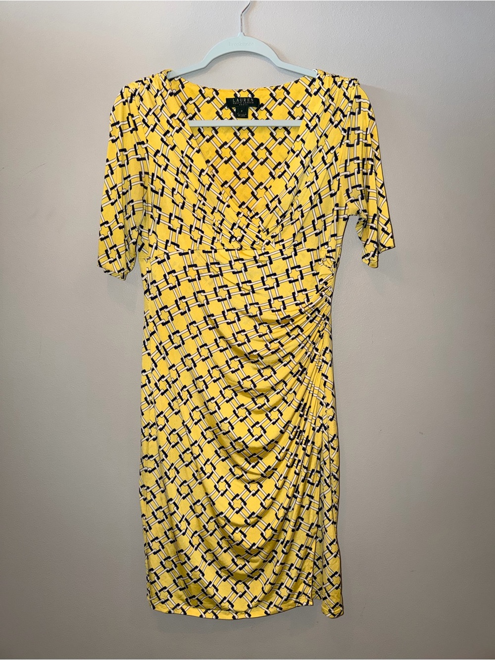 Lauren Ralph Lauren Yellow Geometric Chain Print Ruched Faux Wrap Dress size 8